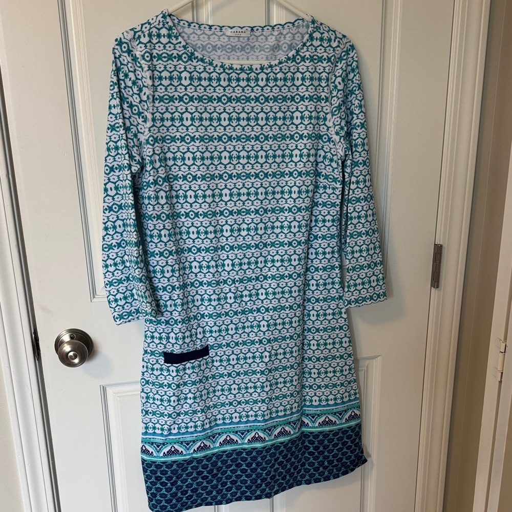 Cabana Life Teal and White Printed Long-Sleeve Shift Dress with Dark Teal Hem